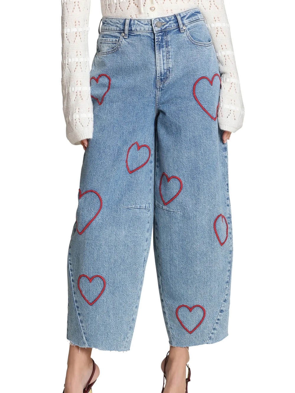 Avec Les Filles Heart Embroidered Barrel Jeans - Light Wash